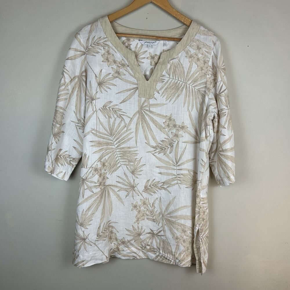 Foxcroft Neutral Linen Tunic Top Sz 16 Womens Resort Beachy Palm Floral Coastal